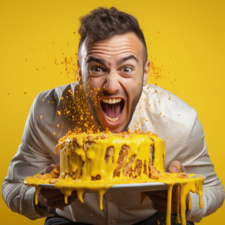 guy in a bright yellow jacket bites a yellow cake.の素材