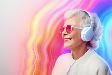 stylish senior woman listening to music in headphones on neon backgroundの素材