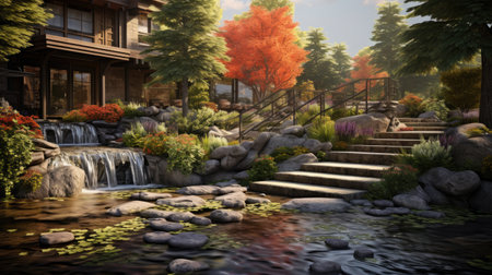 Landscape design with flowers, beautiful residential house backyard in summer.の素材