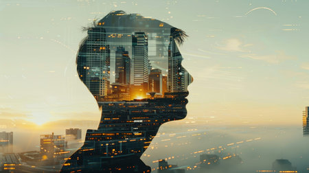 Experiencing virtual technology world, double exposure man and technology world