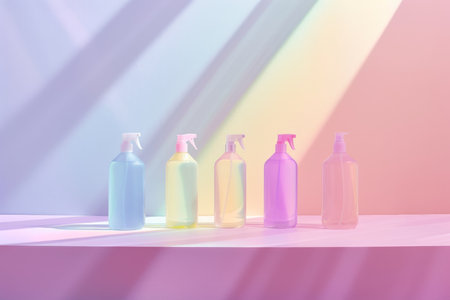 empty spray bottles on table , pastel colorful, mockupの写真素材