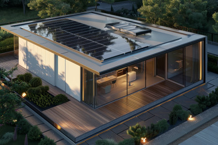 smart home with solar panels rooftop system for renewable energy, copy spaceの素材
