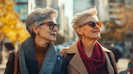 portrait of two senior women walking together in cityの素材