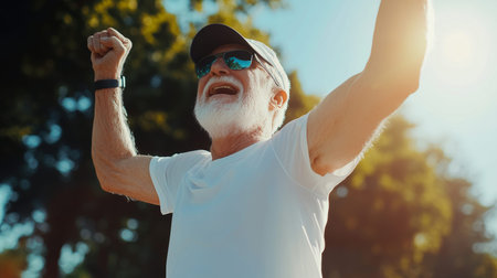 elderly man in sportswear celebrates her victory in the marathonの素材