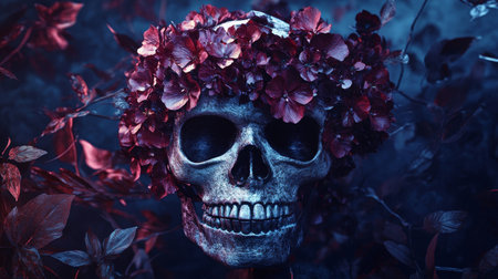 scary halloween skull decorated with flowers on forest backgroundの素材