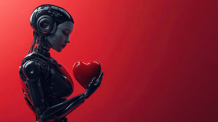 beautiful female robot and red heart on red background, with copy spaceの素材
