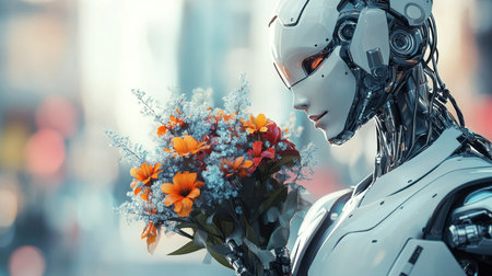 beautiful female robot holding flowers on light soft background, with copy spaceの素材