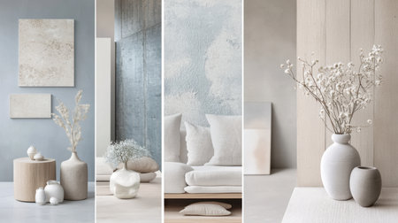 moodboard of interior design, Scandinavian, Japandi styles in light blue and beigeの素材