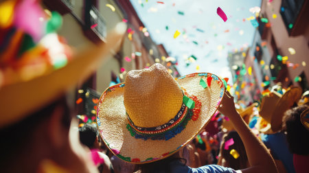 crowd enjoying celebration of Cinco de Mayo at street on sunny dayの素材
