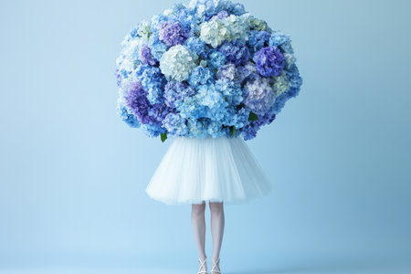 woman whose head and torso are replaced by bouquet of summer flowers.の素材