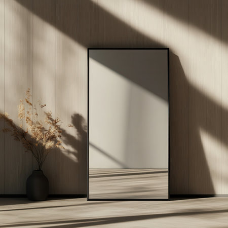 photo frame stand on floor near shelf in modern light roomの素材