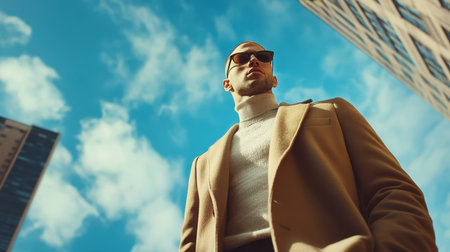 low angle of fashion man walking in mega cityの素材