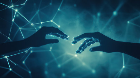 Hands of robot and human touching on big data network connection backgroundの素材