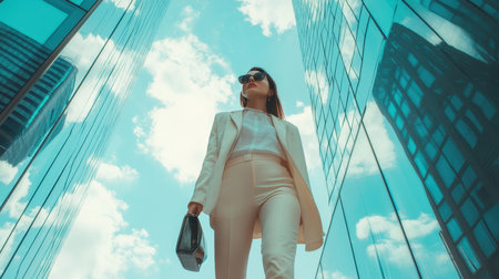 fashion woman walking in mega city on clean sky as background, low angleの素材