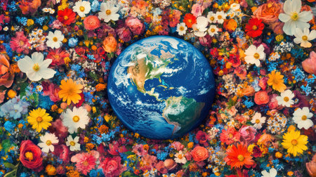 planet earth between spring flowers, Earth Dayの素材