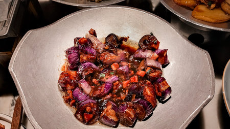 Food in an outdoor cafe in China, eggplant with meatの写真素材