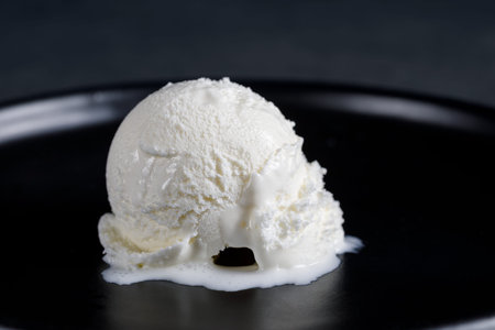 White cream ball on a black ceramic dish on a dark background