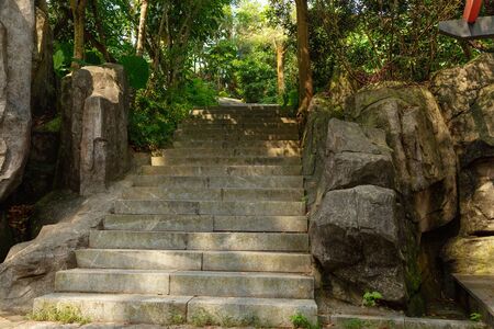 Stone steps with blocks of stones on the sides, mountain climbing, Shenzhen, China, Asiaの写真素材