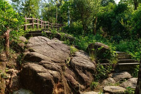 Stone boulders on the mountain around the hiking trail, Shenzhen, China, Asiaの写真素材