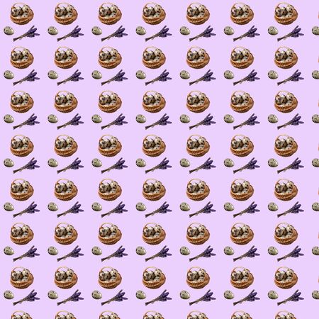 Seamless pattern with repeating Easter basket objects i eggs, quail egg and a bouquet of dry lavender on a purple backgroundの写真素材