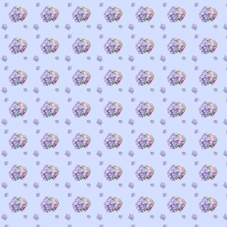 A repeating pattern of inflorescences and hydrangea flowers on a pale blue background. Floral...