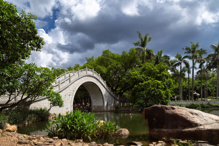 View of the stone bridge and rocky pond in Shenzhen Lotus Park, 07/18/2024の写真素材