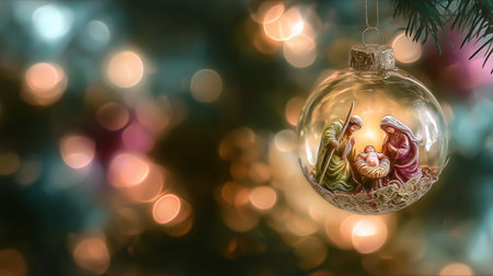Close-up of a handcrafted nativity ornament showing the Holy Family, hanging on a Christmas tree with soft glowing lights and festive atmosphereの素材