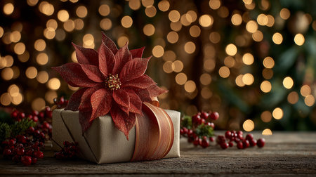 Luxury festive presents with golden bokeh lights, poinsettia flowers, and warm holiday atmosphereの素材