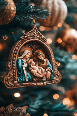 scene ornament, framed in an ornate arch and suspended from a dark, festive Christmas tree with warm, glowing lights. Religious holiday decoration.の素材