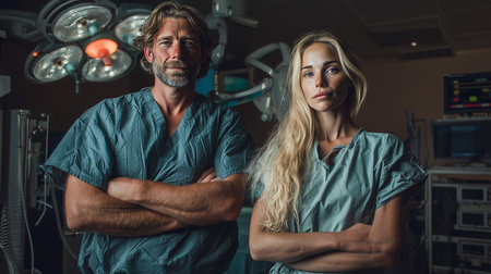 Two surgeons stand in front of robotic surgery machines at a medical facility.の素材
