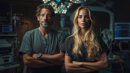 Two surgeons stand in front of robotic surgery machines at a medical facility.の素材