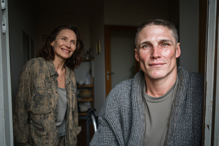A man in a wheelchair communicates with a social worker at home.の素材