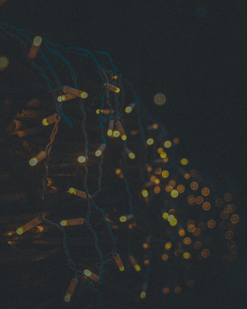 Lights of the New Years garland on the decorative fence. Vintage photo with grainy film.の写真素材