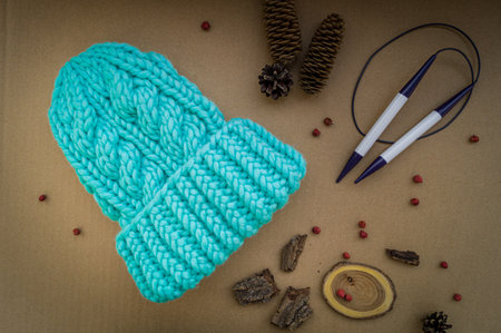 Blue womens hat hand knitted. With knitting needles and decor.の写真素材