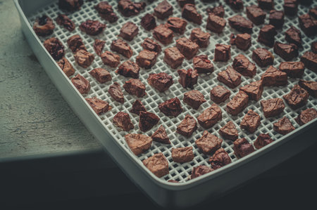 Dried pieces of meat in the tray of an electric dryer. Preparation of dehydrated meat for storage. Top view, horizontal composition, close-upの写真素材