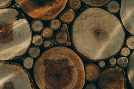 Abstract composition of round wood cuts. Decorative saws of wood. Background, copy space, horizontal compositionの写真素材