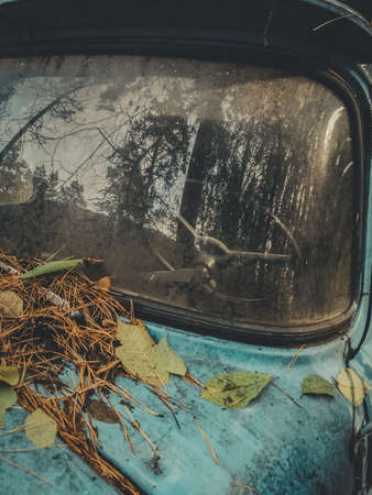 The cab of an old abandoned truck. Dirty rusty truck. Selective focus, grain, noiseの写真素材