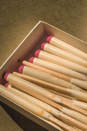 Box with hunting matches for lighting a fire at the halt. Campfire equipment.の写真素材