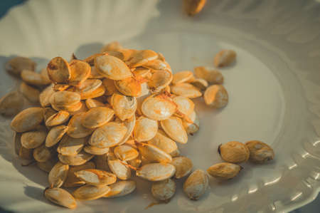 Fresh pumpkin seeds on a white plate. Edible vegetable seeds.の写真素材