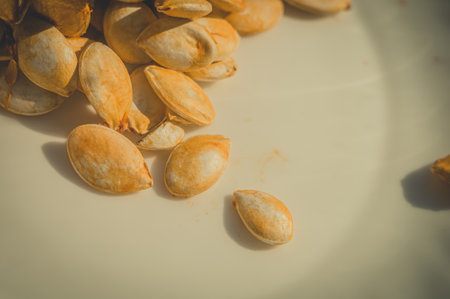 Fresh pumpkin seeds on a white plate. Edible vegetable seeds.の写真素材