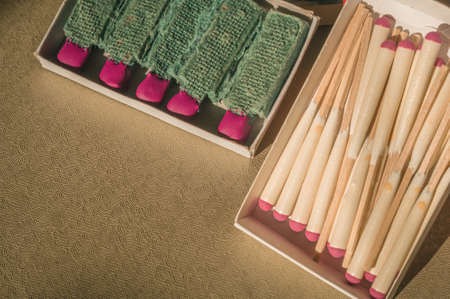 Box with hunting matches for lighting a fire at the halt. Campfire equipment.の写真素材