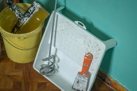 Used tools and accessories for repairs in the house. DIY. Building materials. Selective focusの写真素材