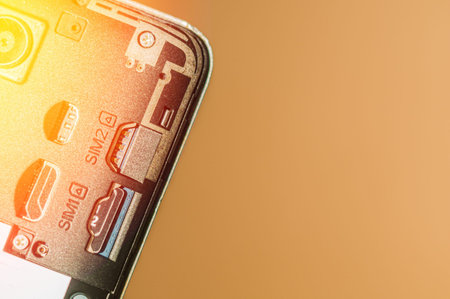 Smartphone with open back cover and solar illumination. Slots for SIM cards. Selective focus, blur,...