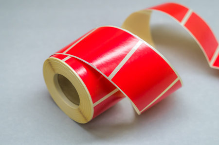 Roller tape red self-adhesive label. Material for printing and marking products. Thermal label....