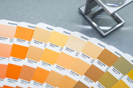 Berdsk, Russia - November 23, 2021: Pantone color palette. A sample of the chromaticity of the Pantone guide. Catalog of color samples. Selective focusのeditorial素材