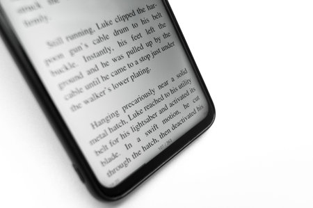 Berdsk, Russia - 7.12.2021: E-book Star Wars - Empire strike back on the screen of a smartphone....