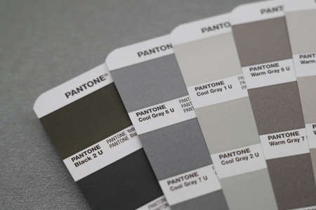 RUSSIA, BERDSK - 2021: PANTONE. A sample of the chromaticity of the Pantone system. Reference colors of paints. Selective focusのeditorial素材