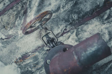 Shut-off valves on the heating main. Manual valve. Pipeline trunk. Selective focusの写真素材