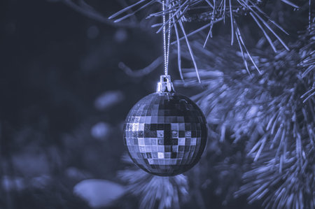 A shiny glass ball hangs on a branch of a Christmas tree. Colored in trendy color of year 2022 Very...
