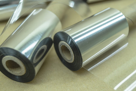 Thermal transfer ribbon - TTR. Wax thermo ribbon on cardboard reel for barcode. Supply material for...